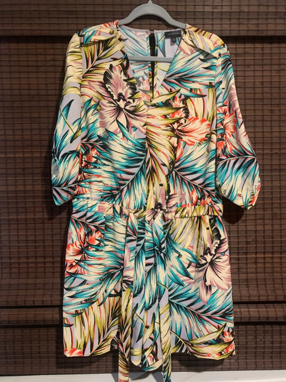The Limited Tropical Print Tie-Waist Romper- Teal, Coral, Yellow